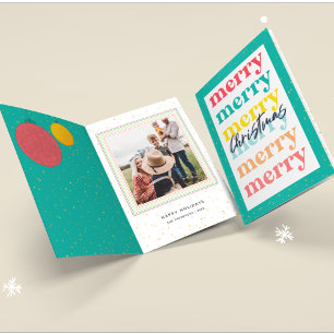 Modern Gold Stars Green Christmas Balls One Photo Card