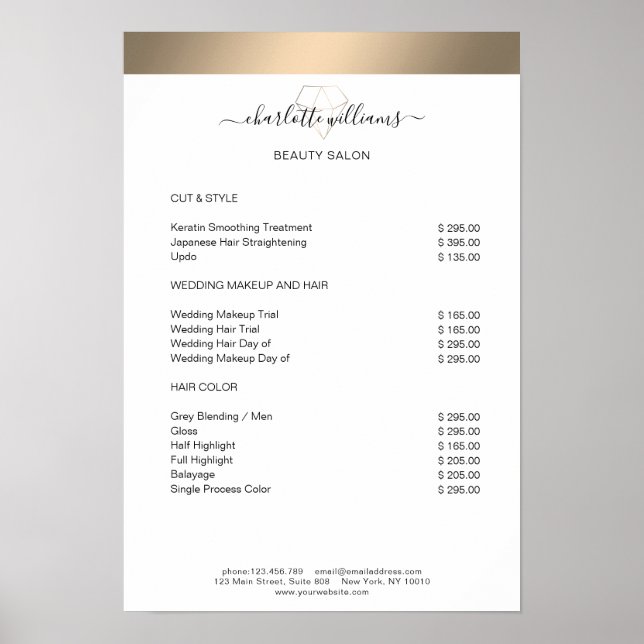 Modern Gold Stripe Diamond Price List Poster (Front)