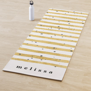 Modern Gold Striped & Black Dots Monogram Yoga Mat