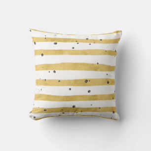 Modern Gold Striped & Black Dots Throw Pillow