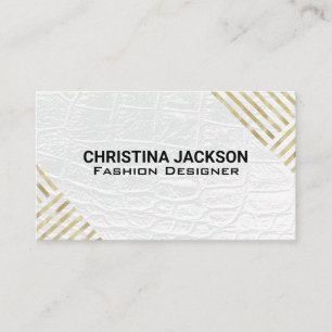 Modern Gold Striped Pattern   White Leather Business Card