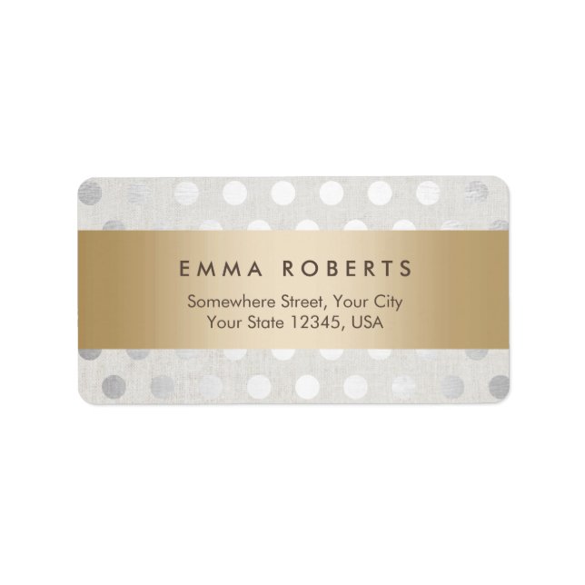 Modern Gold Striped Silver Polka Dots Classy Linen Label (Front)
