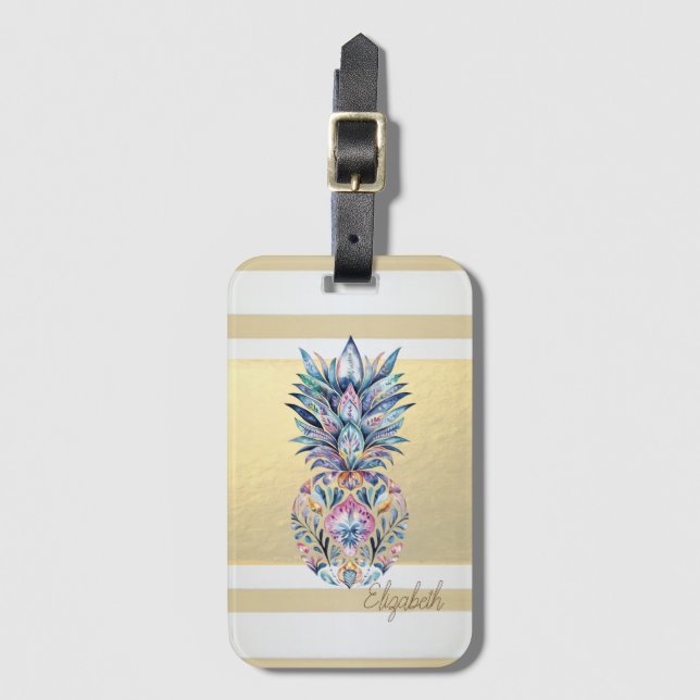 Modern Gold Stripes,Colourful Pineapple Luggage Tag (Front Vertical)
