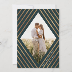 Modern Gold Stripes Diamond Frame Photo Wedding Save The Date