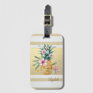 Modern Gold Stripes,Floral Pineapple Luggage Tag