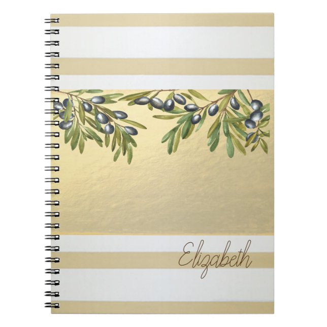 Modern Gold Stripes, Olive Branches Notebook (Front)