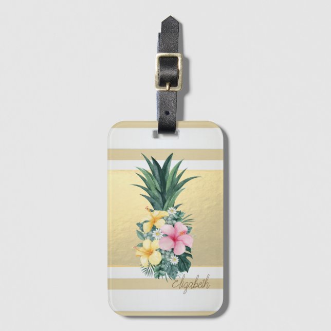 Modern Gold Stripes, Pineapple,Flowers Luggage Tag (Front Vertical)