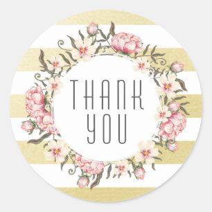 Modern Gold Stripes & Pink Floral Roses Thank You Classic Round Sticker