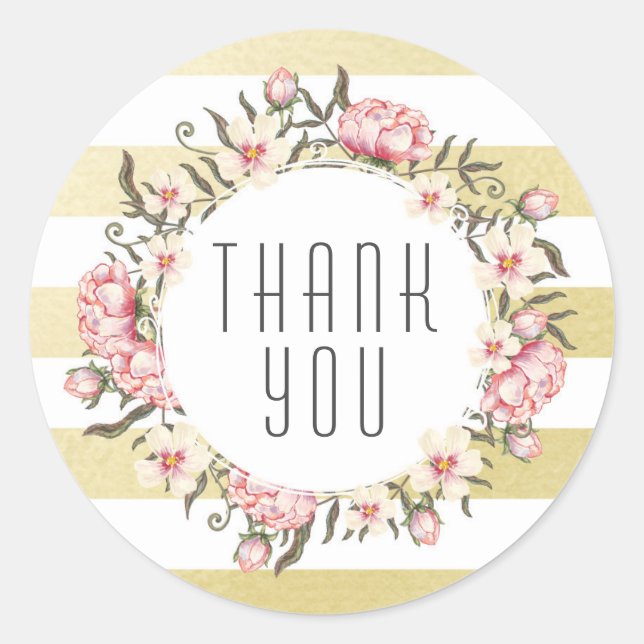 Modern Gold Stripes & Pink Floral Roses Thank You Classic Round Sticker (Front)