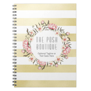Modern Gold Stripes & Pink Floral Roses Wreath Spiral Notebook