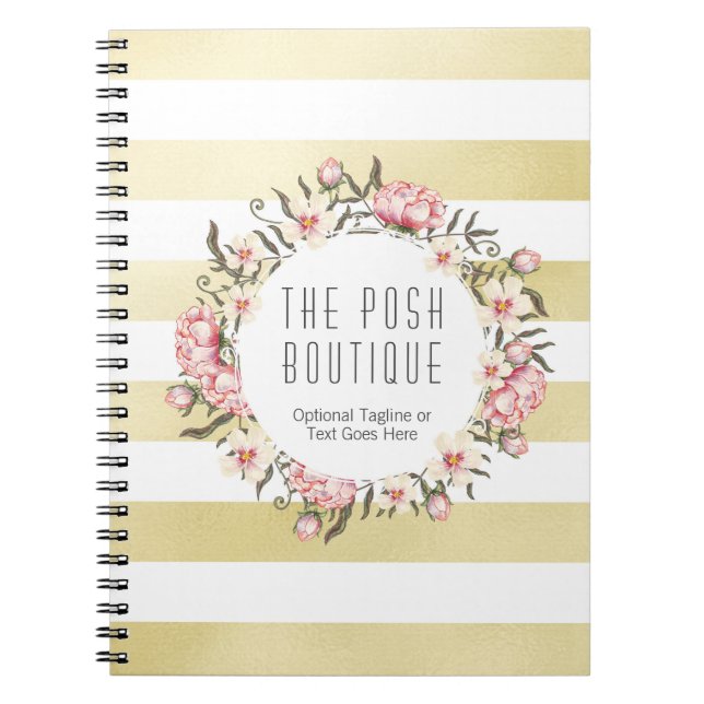 Modern Gold Stripes & Pink Floral Roses Wreath Spiral Notebook (Front)
