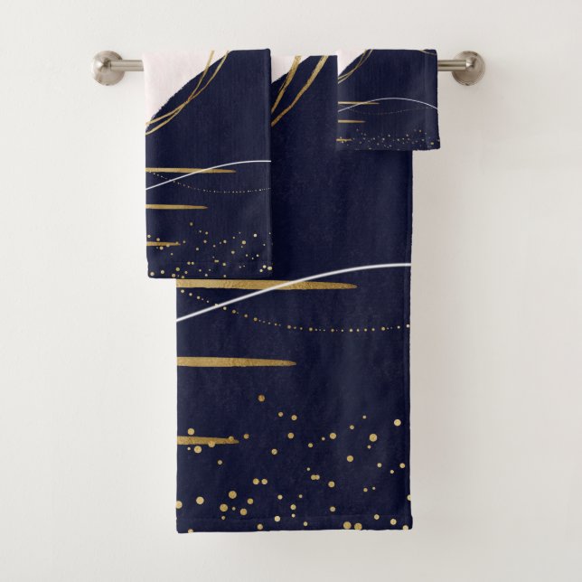 Modern Gold Strokes & Circles Minimal Pink Design Bath Towel Set (Insitu)