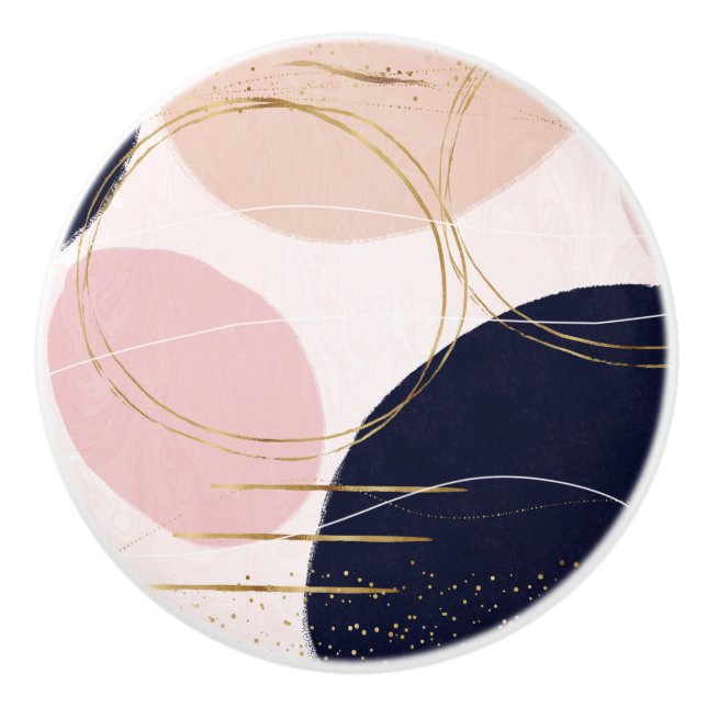 Modern Gold Strokes & Circles Minimal Pink Design Ceramic Knob (Front)