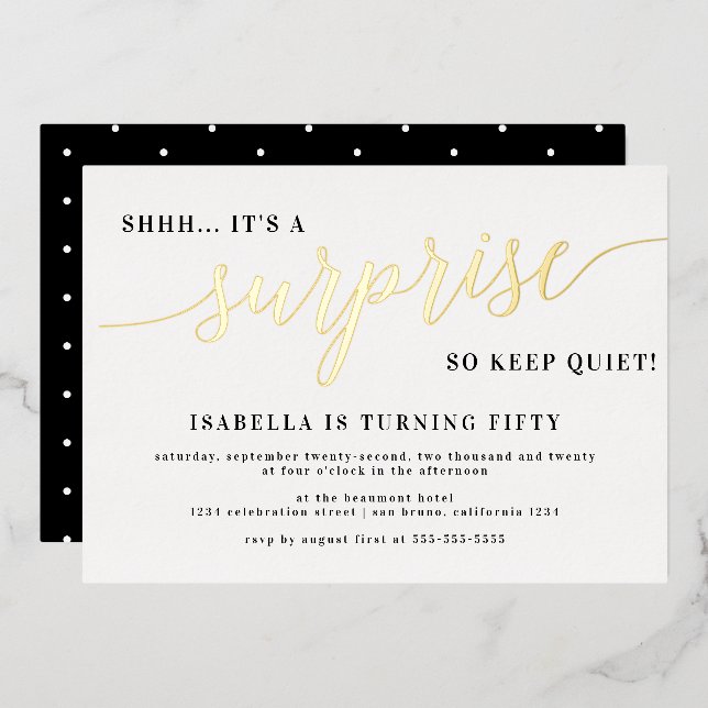 Modern Gold Stylish Script Surprise Birthday Party (Front/Back)