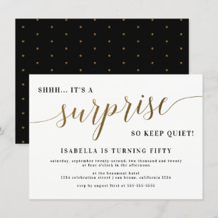 Modern Gold Stylish Script Surprise Birthday Party Invitation