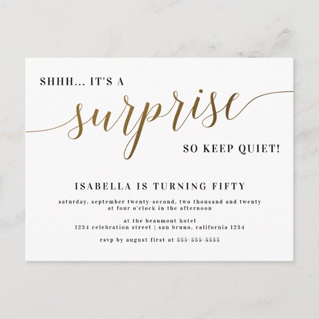Modern Gold Stylish Script Surprise Birthday Party Invitation Postcard (Front)