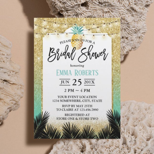 Modern Gold Teal Glitter Pineapple Bridal Shower Invitation (Creator Uploaded)