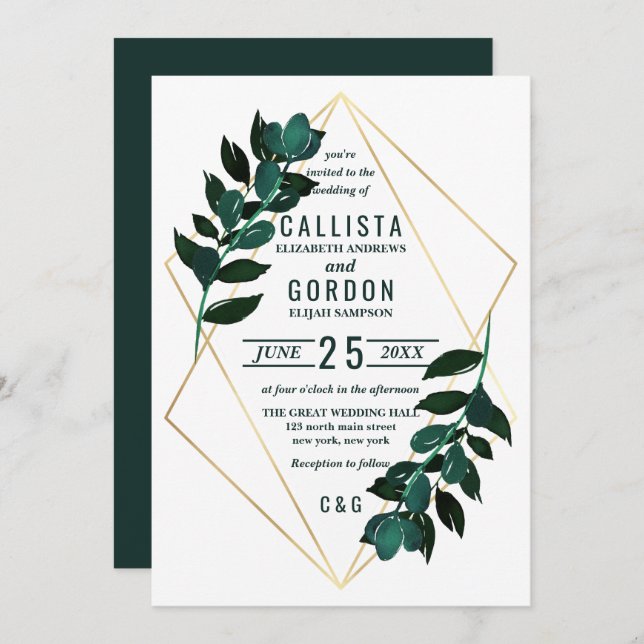 Modern Gold Teal Greenery Terrarium Wedding Invitation (Front/Back)