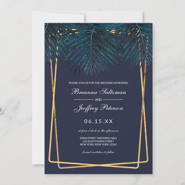 Modern Gold Teal Palm Leaves Geo Borders Wedding Invitation (Front)