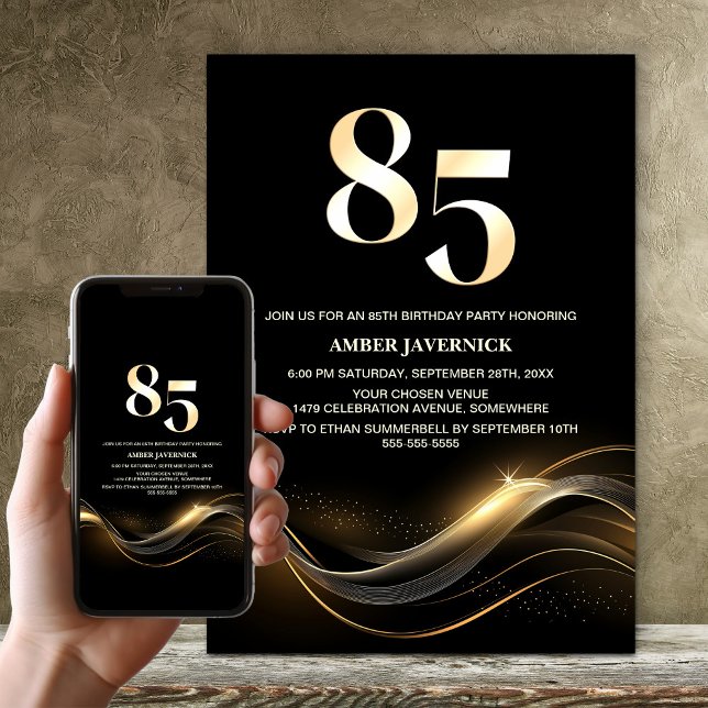 Modern Gold Text Black 85th Birthday Party Invitation (Creator Uploaded)