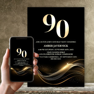 Modern Gold Text Black 90th Birthday Party Invitation