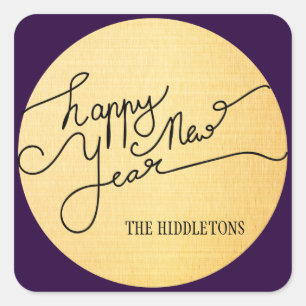 Modern Gold Texture Pattern Happy New Year Script Square Sticker