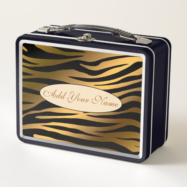 Modern Gold Tiger Add Your Text Metal Lunch Box (Front)