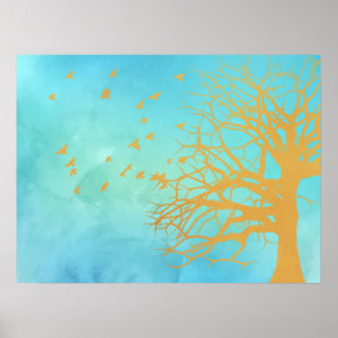 Modern Gold Tree Birds Foil Metallic Poster