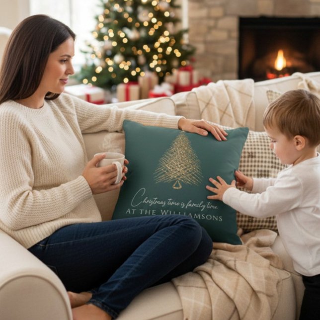 Modern gold tree family green festive christmas   cushion (Creator Uploaded)