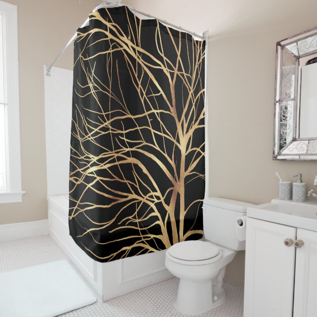 Modern Gold Tree Silhouette Minimal Black Design C Shower Curtain (In Situ)