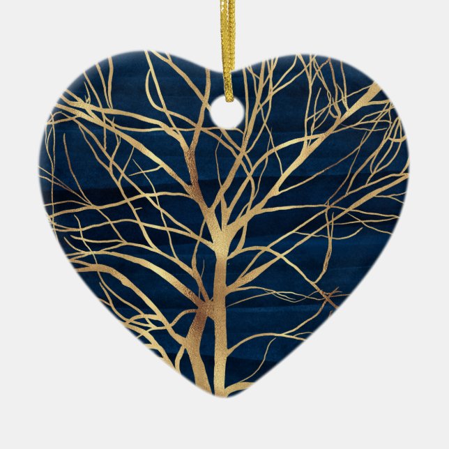 Modern Gold Tree Silhouette Minimal Blue Design Ceramic Tree Decoration (Front)