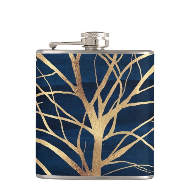Modern Gold Tree Silhouette Minimal Blue Design Hip Flask (Front)