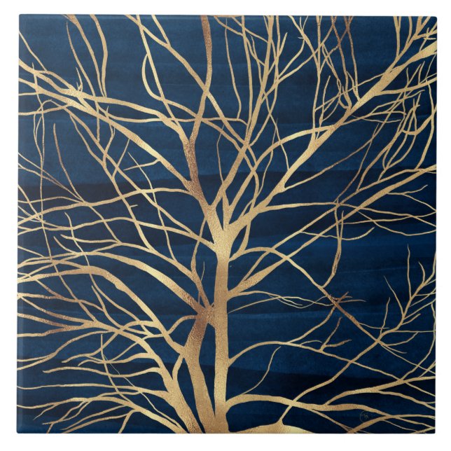 Modern Gold Tree Silhouette Minimal Blue Design Tile (Front)