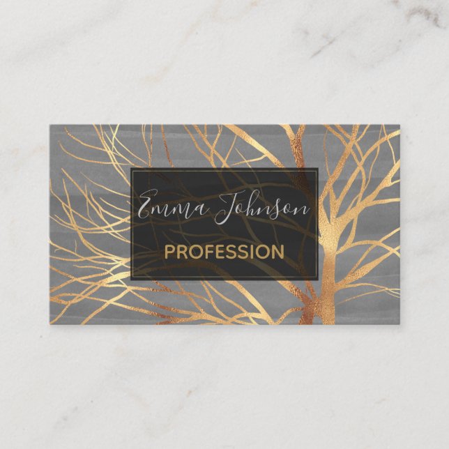Modern Gold Tree Silhouette Minimal Grey Design Business Card (Front)