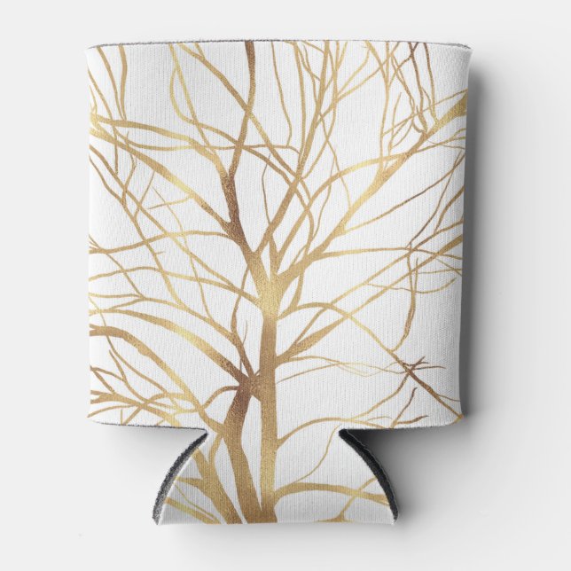 Modern Gold Tree Silhouette Minimal White Design Can Cooler (Front)