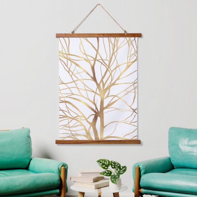 Modern Gold Tree Silhouette Minimal White Design Hanging Tapestry (Living Room)
