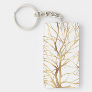 Modern Gold Tree Silhouette Minimal White Design Key Ring