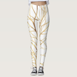 Modern Gold Tree Silhouette Minimal White Design Leggings