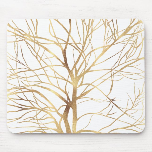 Modern Gold Tree Silhouette Minimal White Design Mouse Pad (Front)