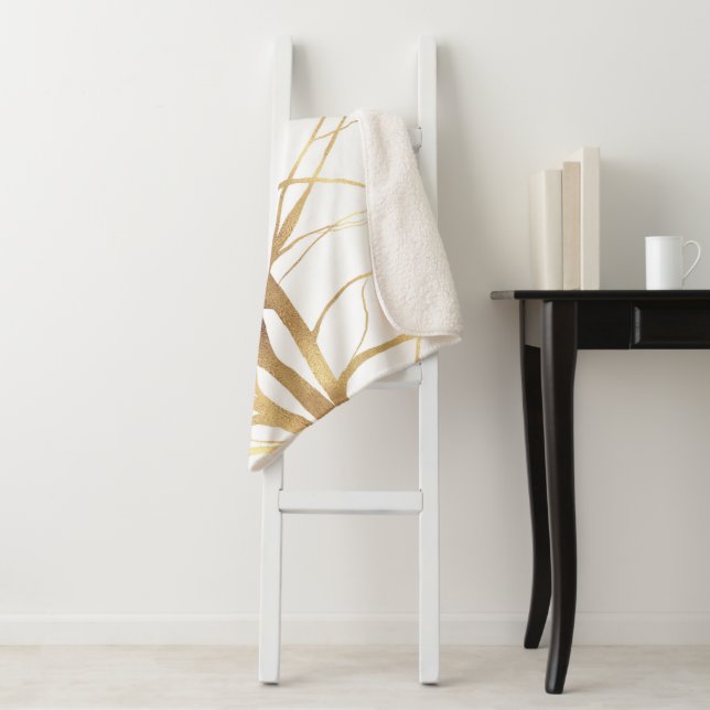 Modern Gold Tree Silhouette Minimal White Design Sherpa Blanket (In Situ)