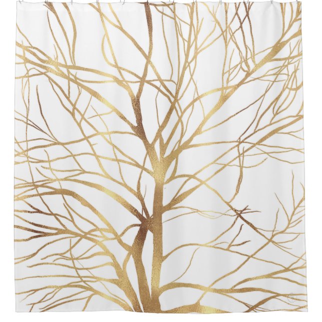 Modern Gold Tree Silhouette Minimal White Design Shower Curtain (Front)