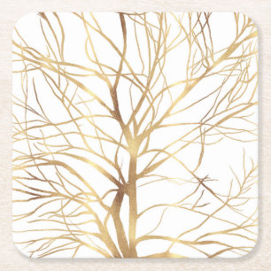 Modern Gold Tree Silhouette Minimal White Design Square Paper Coaster
