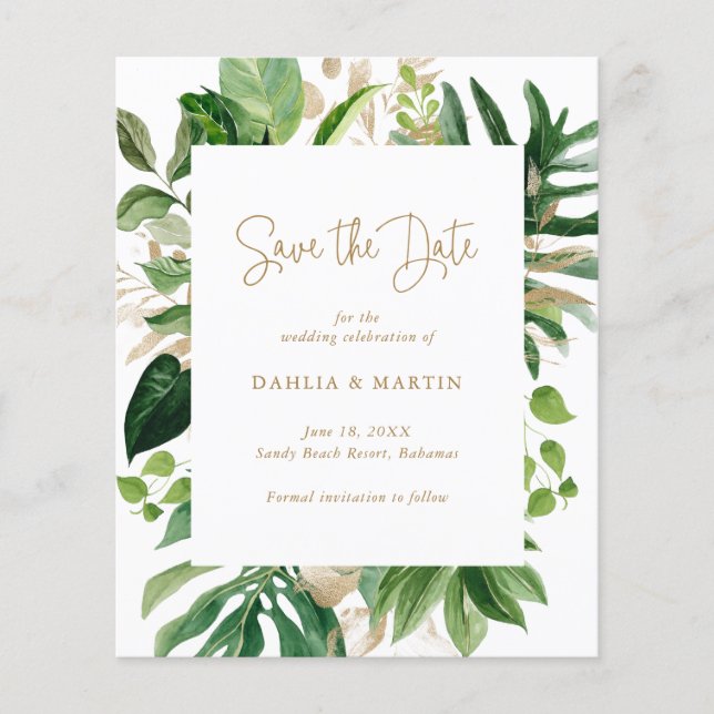 Modern Gold Tropical Budget Wedding Save The Date (Front)