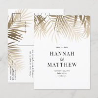 Modern gold tropical leaf classy save the date