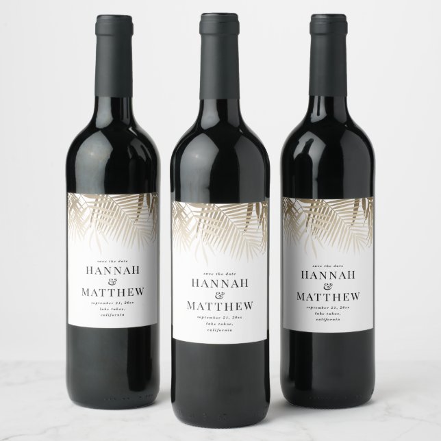 Modern gold tropical leaf classy save the date wine label (Bottles)