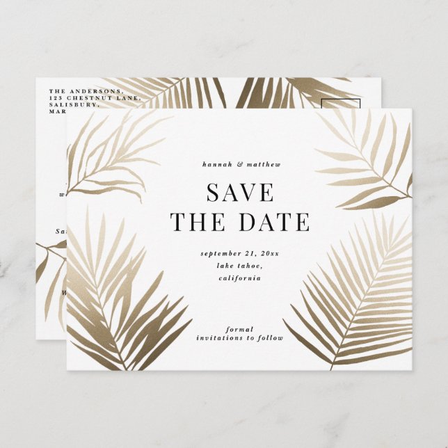 Modern gold tropical leaf classy stylish wedding invitation postcard (Front/Back)
