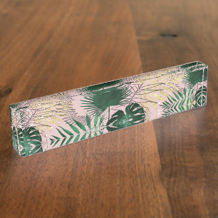 Modern gold tropical leaves and doddles design nameplate