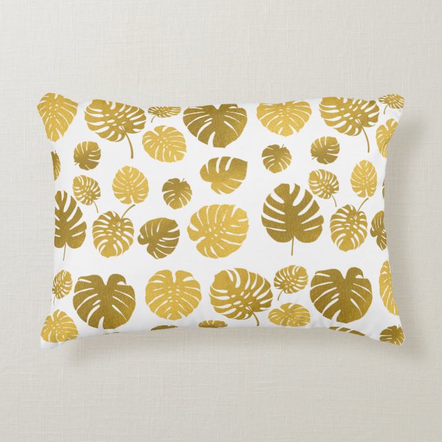 Modern Gold Tropical Leaves Pattern Decorative Cushion (Front)