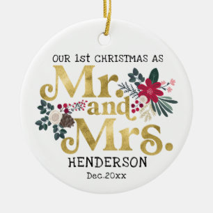 Modern gold typography 1st christmas mr and mrs ce ceramic tree decoration