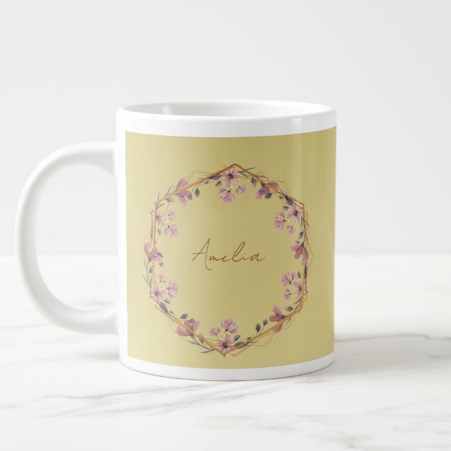 Modern gold typography floral monogram name large coffee mug (Left)